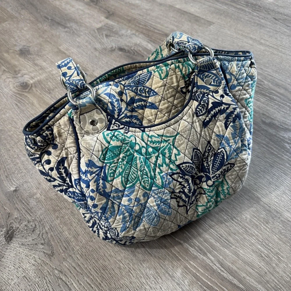 Vera Bradley Shoulder Bag Womens Medium Blue Green Floral Quilted Cotton Zip Top